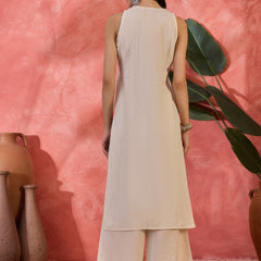 Off White Sleeveless Mirror Work Kurta Set