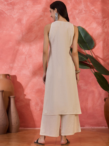 Off White Sleeveless Mirror Work Kurta Set
