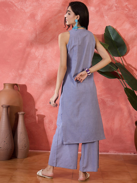 Purple  Sleeveless Mirror Work Kurta Set
