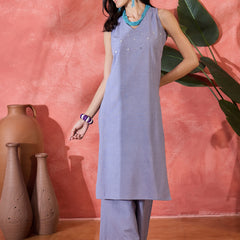 Purple  Sleeveless Mirror Work Kurta Set
