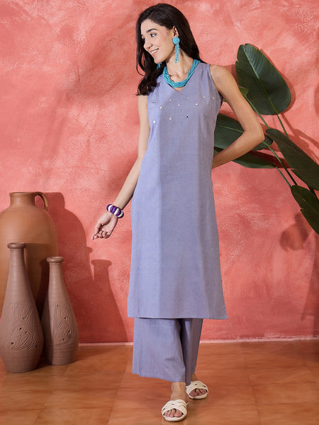 Purple  Sleeveless Mirror Work Kurta Set