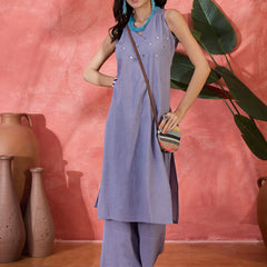 Purple  Sleeveless Mirror Work Kurta Set