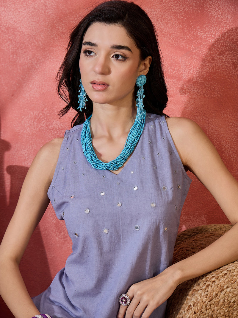 Purple  Sleeveless Mirror Work Kurta Set