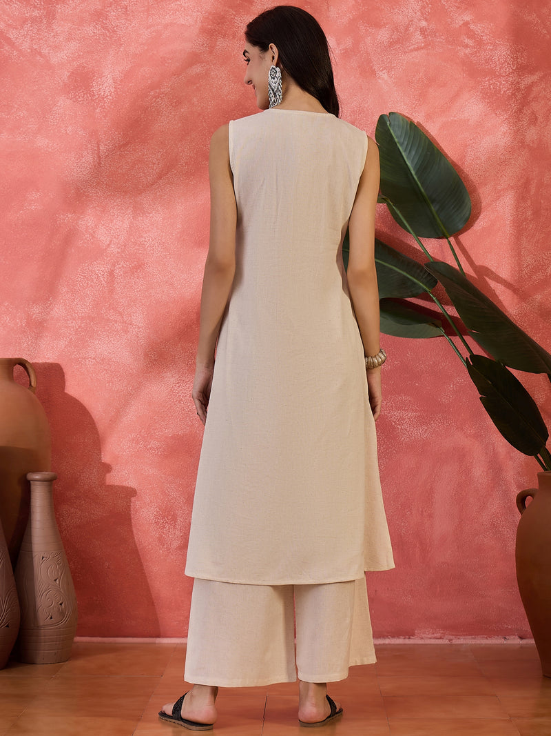 Off-White Sleeveless Mirror Work Kurta Set
