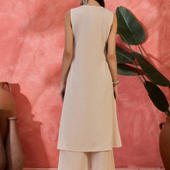 Off-White Sleeveless Mirror Work Kurta Set