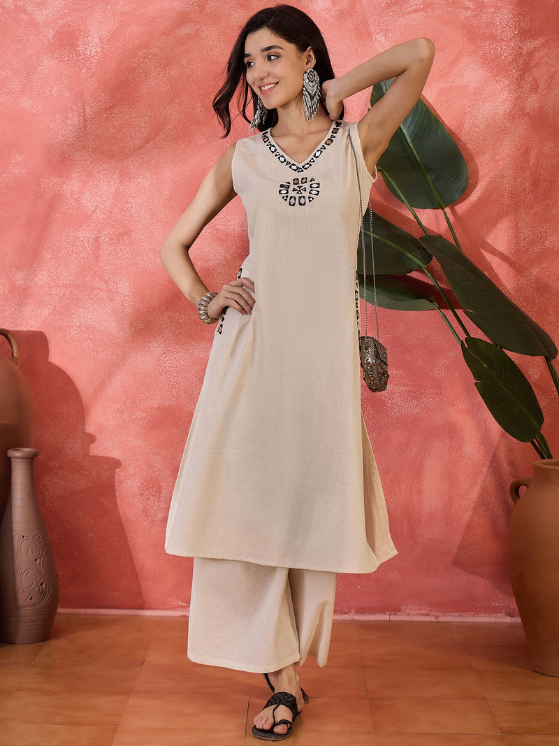 Off-White Sleeveless Mirror Work Kurta Set