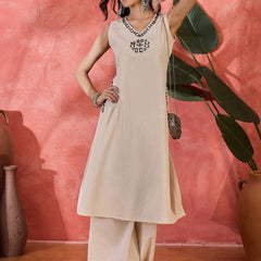 Off-White Sleeveless Mirror Work Kurta Set