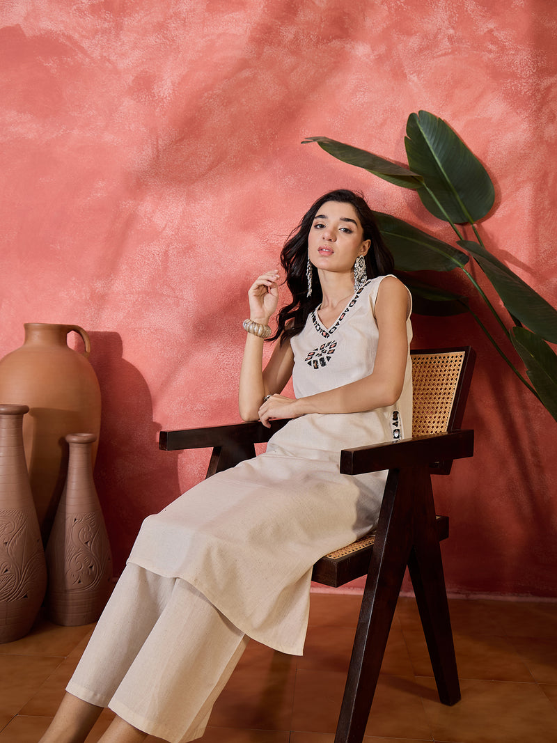 Off-White Sleeveless Mirror Work Kurta Set