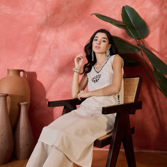 Off-White Sleeveless Mirror Work Kurta Set