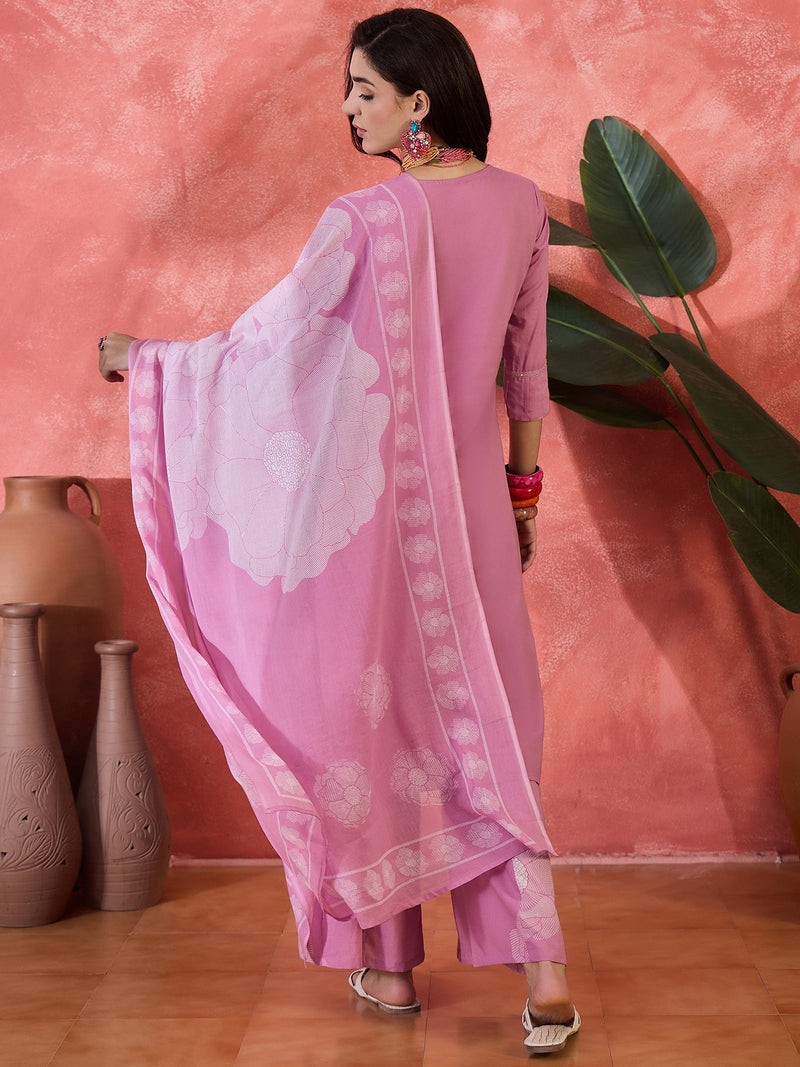 Mauve Floral Embroidered Kurta Set with Dupatta