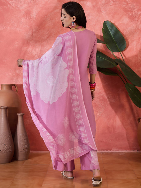 Mauve Floral Embroidered Kurta Set with Dupatta