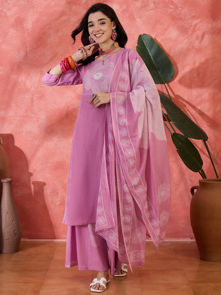 Mauve Floral Embroidered Kurta Set with Dupatta