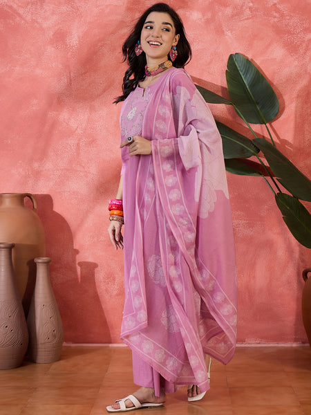 Mauve Floral Embroidered Kurta Set with Dupatta
