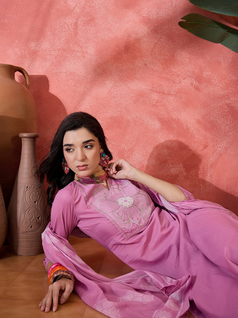 Mauve Floral Embroidered Kurta Set with Dupatta