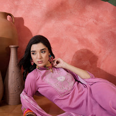 Mauve Floral Embroidered Kurta Set with Dupatta