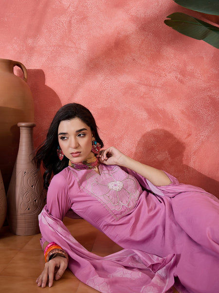 Mauve Floral Embroidered Kurta Set with Dupatta