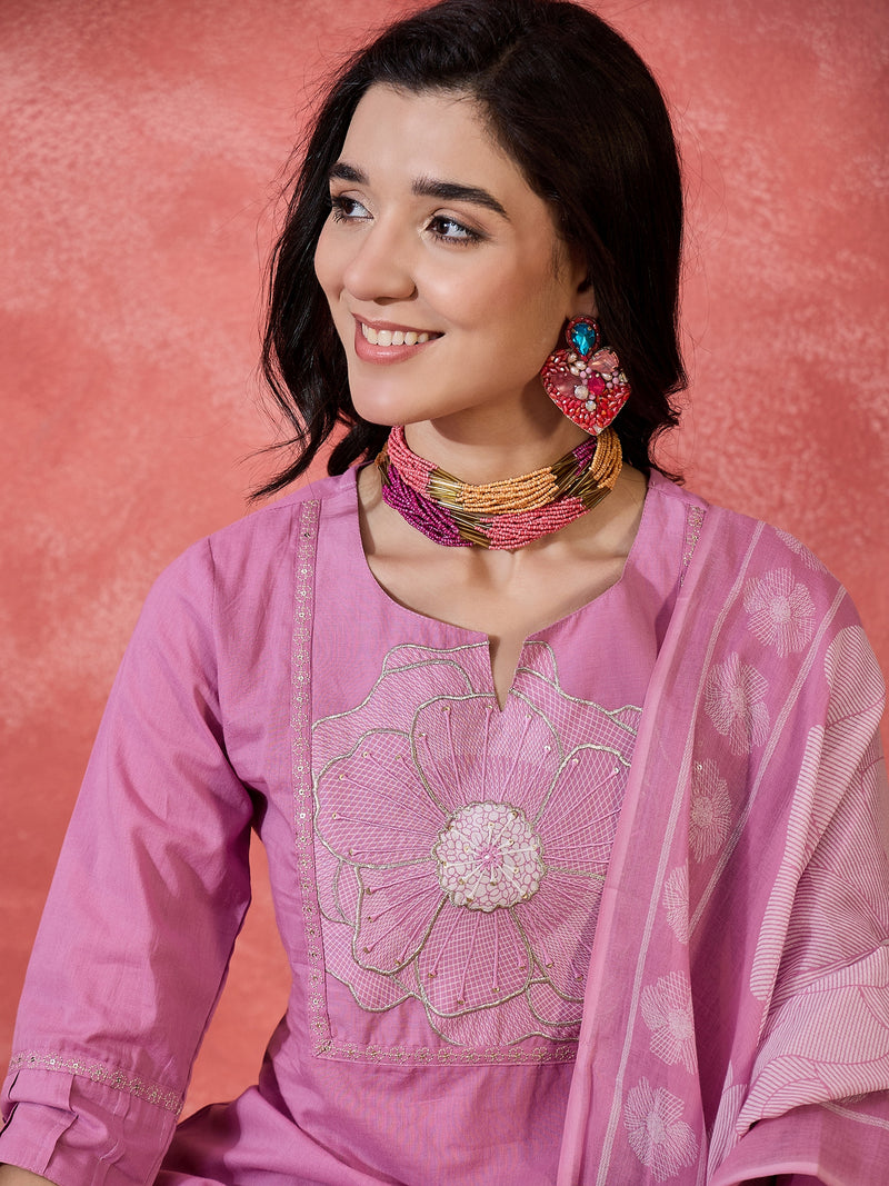 Mauve Floral Embroidered Kurta Set with Dupatta