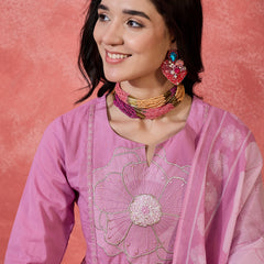 Mauve Floral Embroidered Kurta Set with Dupatta