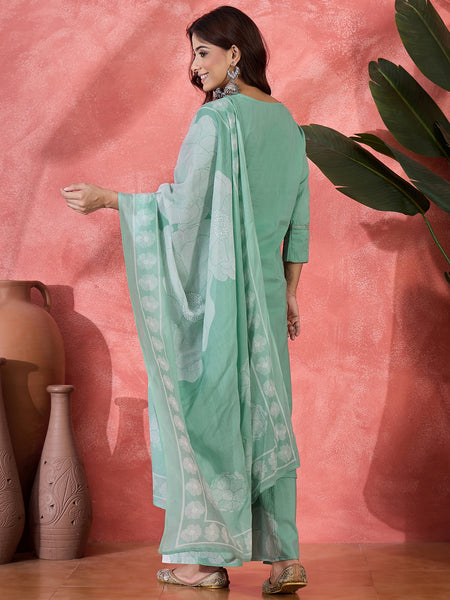 Floral Yoke Design Notch Neck Sequinned Straight Kurta With Palazzo & Dupatta