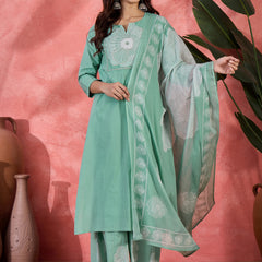 Floral Yoke Design Notch Neck Sequinned Straight Kurta With Palazzo & Dupatta