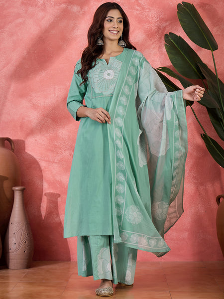 Floral Yoke Design Notch Neck Sequinned Straight Kurta With Palazzo & Dupatta