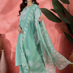 Floral Yoke Design Notch Neck Sequinned Straight Kurta With Palazzo & Dupatta