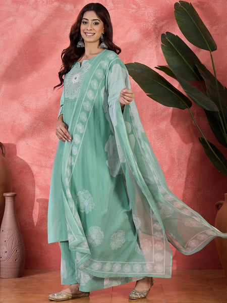 Floral Yoke Design Notch Neck Sequinned Straight Kurta With Palazzo & Dupatta