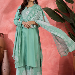 Floral Yoke Design Notch Neck Sequinned Straight Kurta With Palazzo & Dupatta