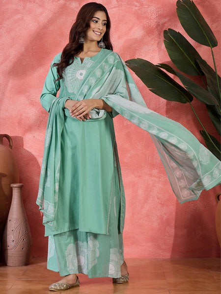 Floral Yoke Design Notch Neck Sequinned Straight Kurta With Palazzo & Dupatta