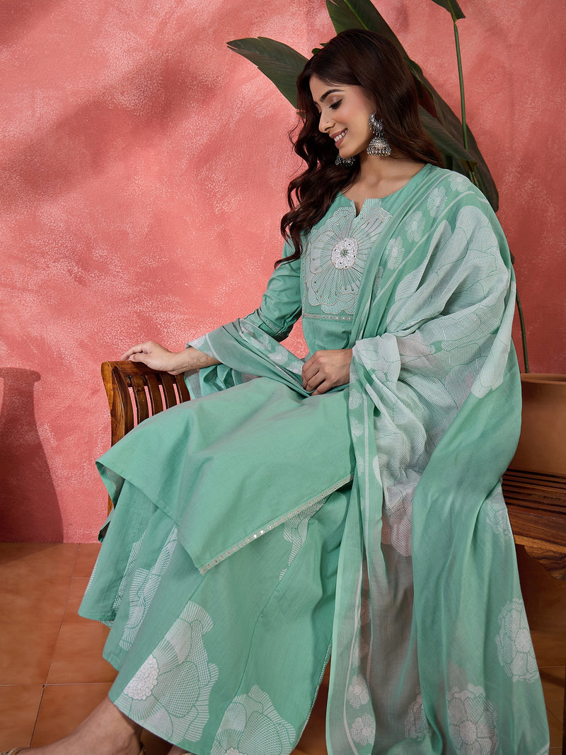 Floral Yoke Design Notch Neck Sequinned Straight Kurta With Palazzo & Dupatta