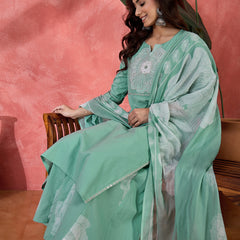 Floral Yoke Design Notch Neck Sequinned Straight Kurta With Palazzo & Dupatta