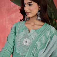 Floral Yoke Design Notch Neck Sequinned Straight Kurta With Palazzo & Dupatta
