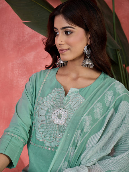 Floral Yoke Design Notch Neck Sequinned Straight Kurta With Palazzo & Dupatta