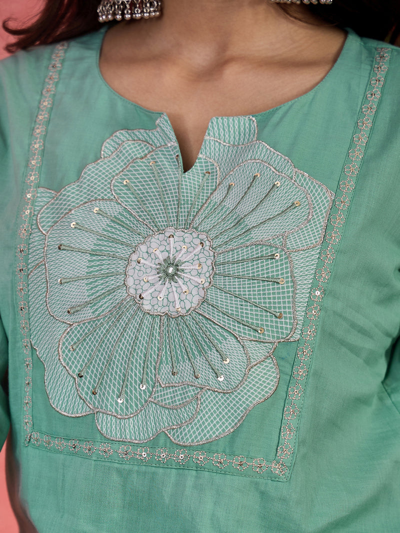 Floral Yoke Design Notch Neck Sequinned Straight Kurta With Palazzo & Dupatta