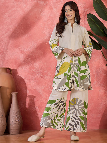Floral Printed Pure Cotton Straight Kurta With Palazzo