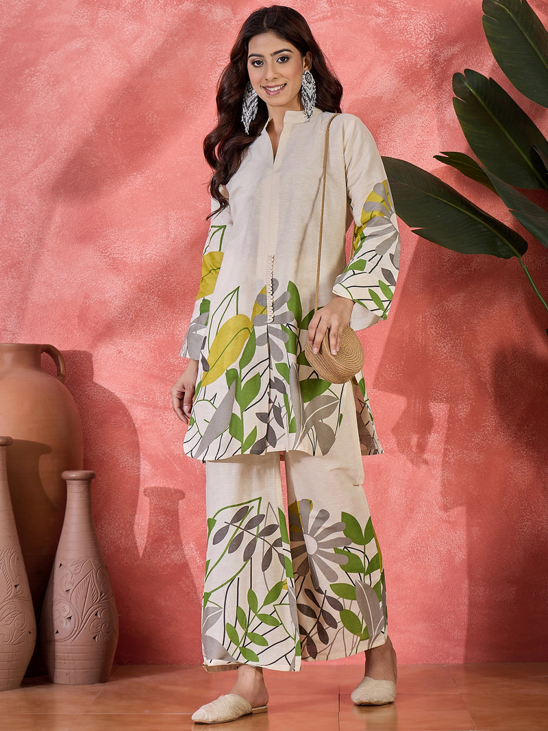 Floral Printed Pure Cotton Straight Kurta With Palazzo