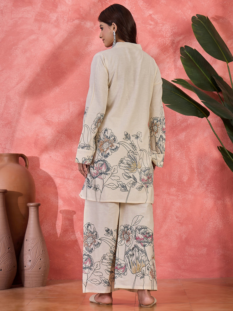 Floral Printed Pure Cotton Straight Kurta With Palazzo