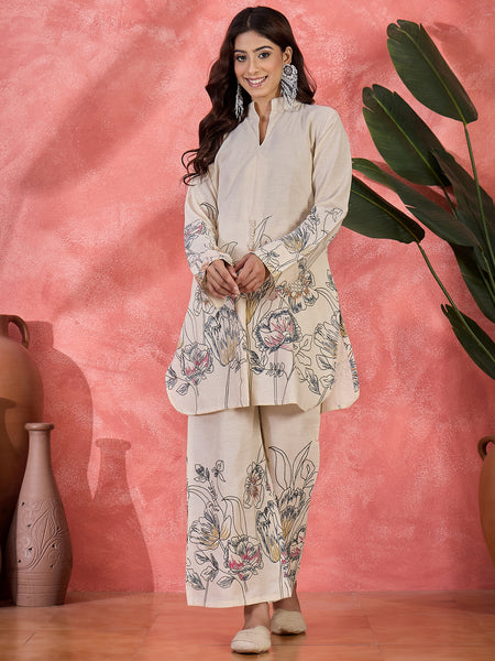 Floral Printed Pure Cotton Straight Kurta With Palazzo