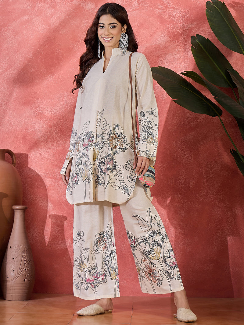 Floral Printed Pure Cotton Straight Kurta With Palazzo
