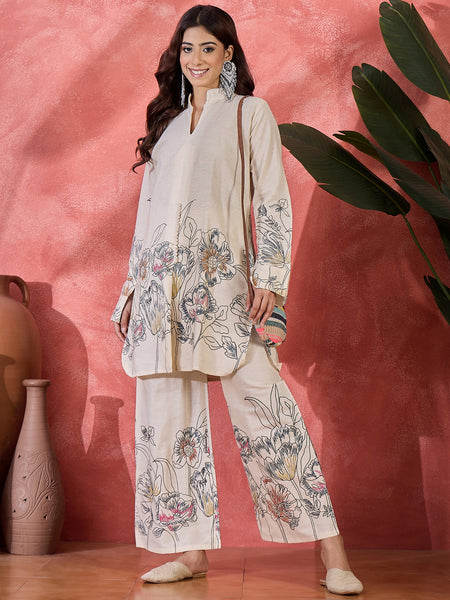 Floral Printed Pure Cotton Straight Kurta With Palazzo