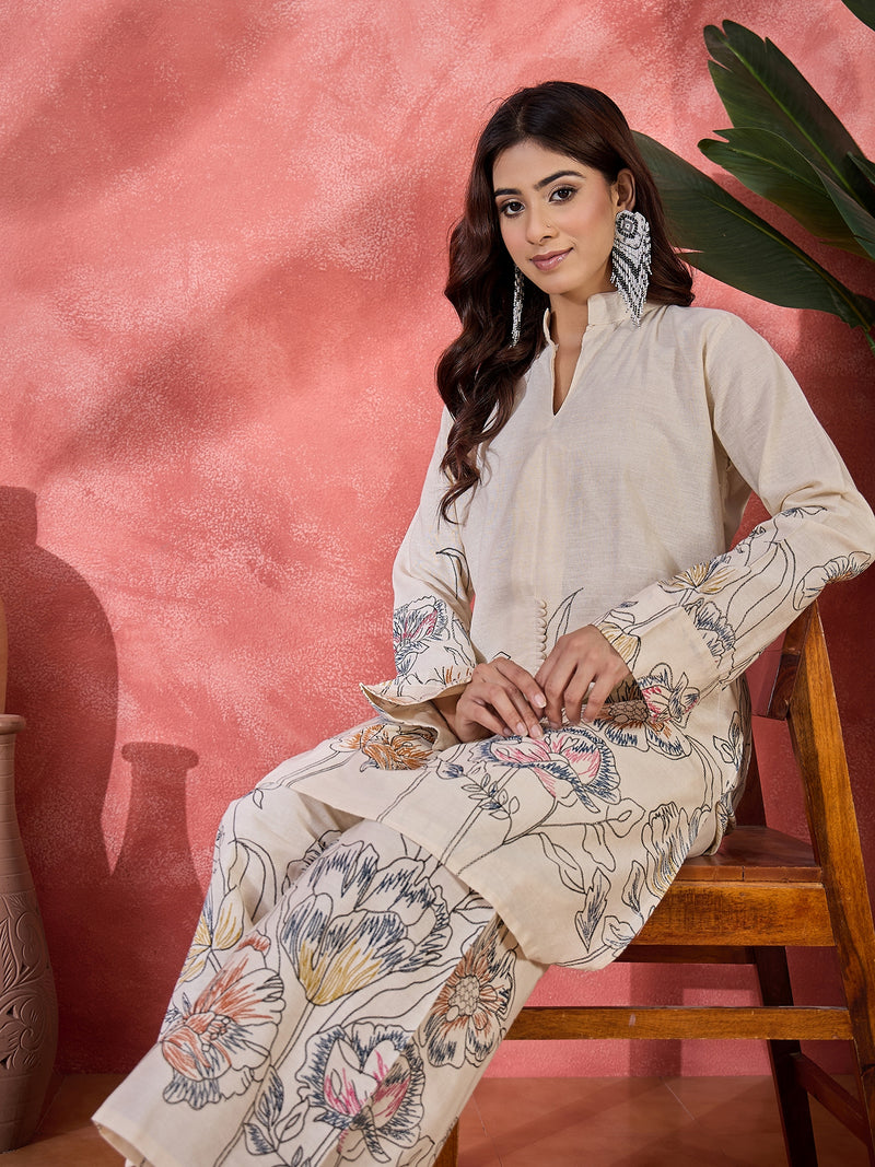 Floral Printed Pure Cotton Straight Kurta With Palazzo