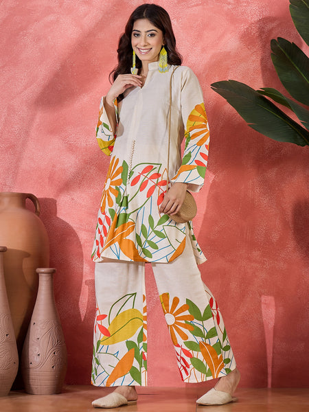 Floral Printed Pure Cotton Straight Kurta With Palazzo