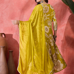 Floral Printed With Thread Work Embroidered Kurta With Trousers & Dupatta