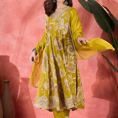 Floral Printed With Thread Work Embroidered Kurta With Trousers & Dupatta