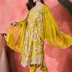 Floral Printed With Thread Work Embroidered Kurta With Trousers & Dupatta