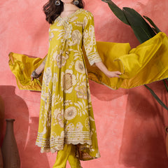 Floral Printed With Thread Work Embroidered Kurta With Trousers & Dupatta