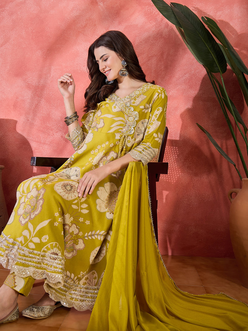 Floral Printed With Thread Work Embroidered Kurta With Trousers & Dupatta