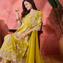 Floral Printed With Thread Work Embroidered Kurta With Trousers & Dupatta