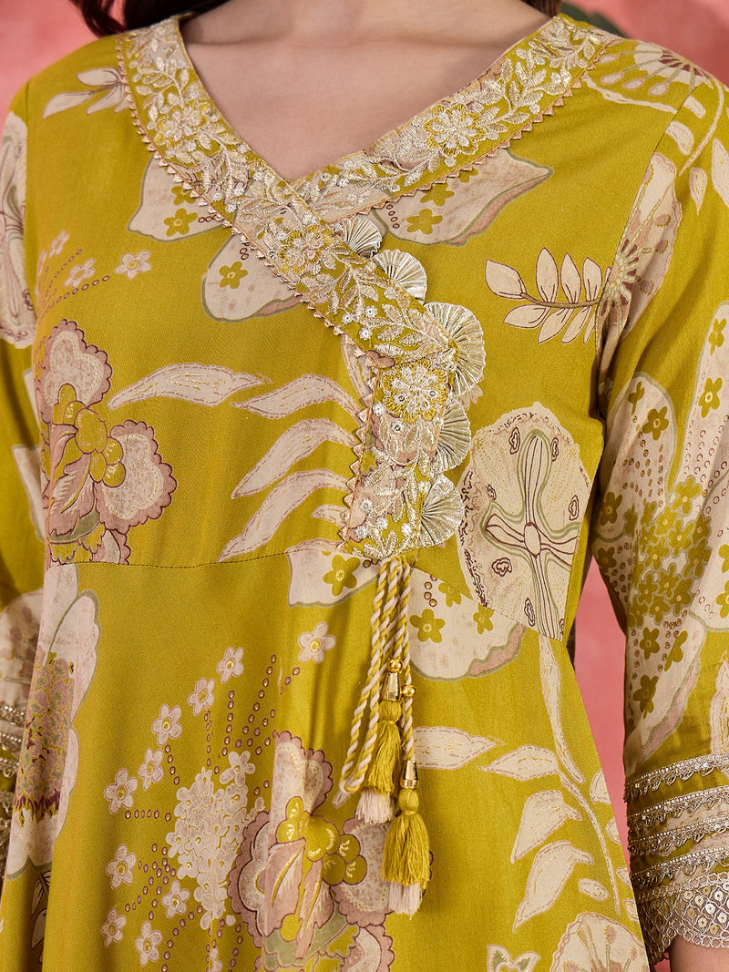 Floral Printed With Thread Work Embroidered Kurta With Trousers & Dupatta