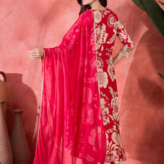 Floral Printed With Thread Work Embroidered Kurta With Trousers & Dupatta